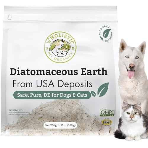 Wholistic Pet Organics Diatomaceous Earth - Food Grade for Dogs & Cats - 13 Oz - Multi Use Powder - Pet Safe Non-Chemical Freshwater Sourced Silica Supports Overall Health - Made in USA - 105 Scoops