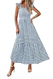 PRETTYGARDEN Women's Summer Dress Casual Square Neck Ruffle Strap Gingham Smocked Midi Flowy A Line Beach Vacation Sun Dresses 2025 (Dark Blue, M)