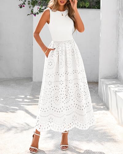 Image of dowerme Women Summer Dresses 2026 Casual Sleeveless Crewneck A-Line Boho Lace Eyelet Cotton Tank Maxi Dress with Pockets