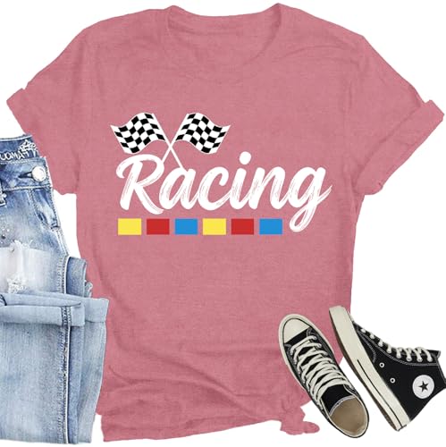 CQF Racing Shirts for Women Checkered Flag T-Shirts Casual Racing Car Lover Tee Race Day Tops
