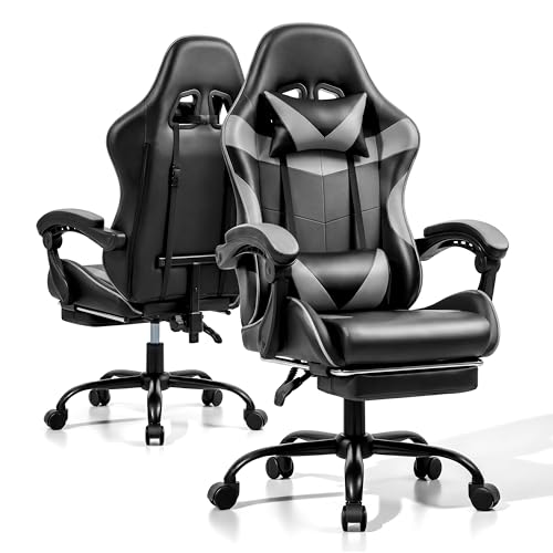 Image of Gaming Chair, Ergonomic Computer Chair with Footrest and Lumbar Support, Height Adjustable Office Chair with 360 Swivel Seat and Headrest (Black & Grey)