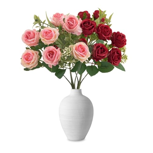 Luckwaii Künstliche Rosen Kunstblumen Wie Echt,2 Bündel Rosenstrauß 5 Zweige 10 Kunstrosen Kopf,Artificial Flowers Seidenblumen Blumenstrauß Künstlich für Hochzeit Heim Küche Blumen Deko(Rote,Rosa)
