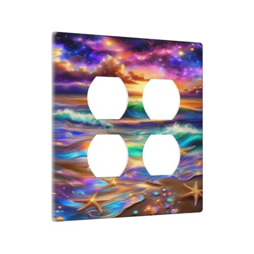 Decorative Outlet Covers Colorful Sunset Starfish Beach Shells 2 Gang Wall Plate Cover Double Duplex Receptacle Two Switch Light Switch Cover Plate Jumbo Dual Faceplate for Home Decor