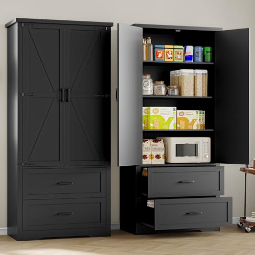 Image of BORNOON Pantry Organizers and Storage Cabinet, 71 inch Barn Door White Kitchen Cabinet with Drawers and Adjustable Shelf, Tall Pantry for Kitchen, Dining Room, Living Room. Bathroom and Office
