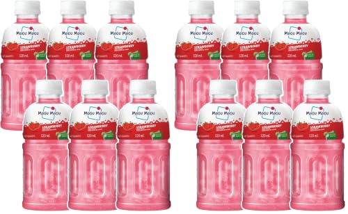 Image of Mogu Mogu Strawberry Juice with Nata de Coco Jelly 320ml (Pack of 12), Refreshing Tropical Thai-Made Sip & Chew Beverage