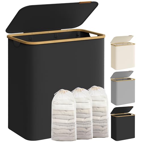 SONGMICS Cesto Portabiancheria con Coperchio a 3 Scomparti, Cesta per Bucato, 150L, Sacco Rimovibile, Tessuto Oxford, Manici di Bambù, Pieghevole, 60 x 38,5 x 70,5 cm, Nero Inchiostro LCB515B01