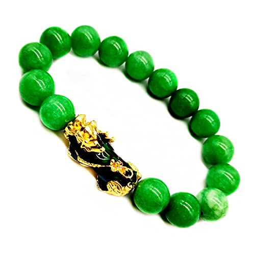 Feng Shui Pixiu Bracelet 12mm Amulet Dragon Natural Stone Beads Bracelet Attract Wealth Money and Good Luck(Green)