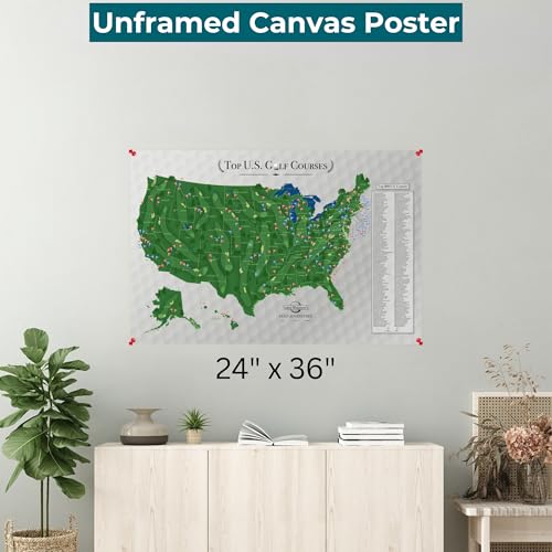 Image of Personalized Canvas Rolled Poster Top 200 Golf Courses USA Canvas - 24 inch x 36 inch Personalized Golf Course Tracker with Pins, Framed Golf Wall Decor