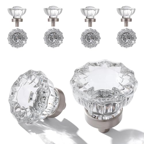 CEYMIO Crystal Cabinet Knobs 8 Pack Clear Glass Pulls for Kitchen Bedroom Bathroom Living Room Furniture Brushed Nickel Base Old Style Cabinets Closet Dresser Drawers Cupboard Handles