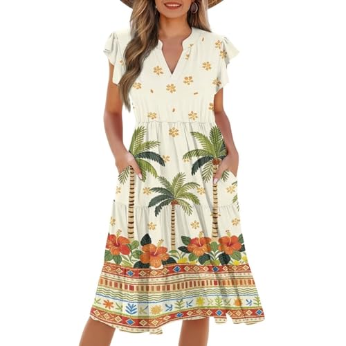Image of Women's Casual Ruffle Sleeve Dress V Neck Pullover Dress Flowy A-Line Pleated Lightweight Dress with Pockets
