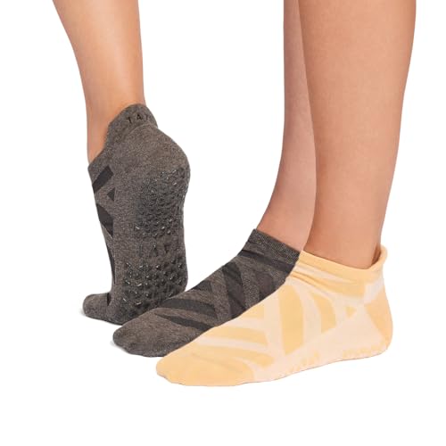 TAVI Savvy Pilates Socks 2-Pack - Grip Socks for Women made with Soft Cotton Blend Non-Slip Grips Heel Tab and Arch Band Support Wear for Yoga Barre Lagree - Sunrise/Espresso Medium