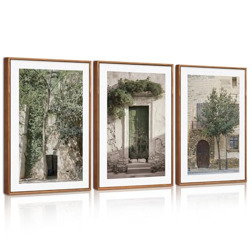 BINCUE 3 Teilig Grün Pflanzen Wandkunst Vintage Stadtlandschaft Leinwand Wandbild mit Rahmen Grüne Olivenbäume Altes Haus Deko Malta Moderne Minimalistische Poster für Wohnzimmer Schlafzimmer 30x40cm