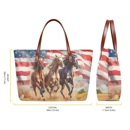 Image of American Flag Horse Purses for Women Tote Purse and Handbag Top Handle Satchel Bags with PU Zipper Make Up Bag Purse, Large Purse and Wallet Set for Women for Working Travel Shopping