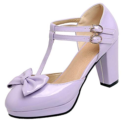 Parisuit Womens Mary Jane Chunky Platform Rockabilly Pumps T Strap High Heel Patent Leather Bowtie Dress Shoes2