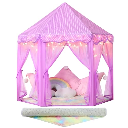 Image of Senodeer Princess Tent for Girls Indoor: with Rainbow Rug, Star Lights - Purple Play Tent for Kids, Girls Toys for Indoor Princess Games