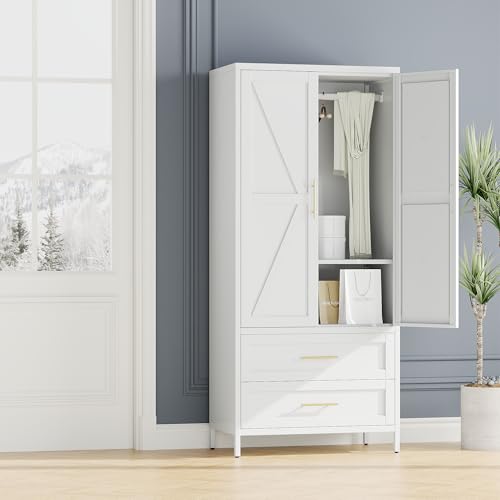Image of SUPEER Metal Wardrobe Closet with 2 Drawers,71 inch Tall Metal Armoire Storage Cabinet with Hanging Rod and Adjustable Shelves,Freestanding Steel Clothing Organizer for Home,White,Required Assembly