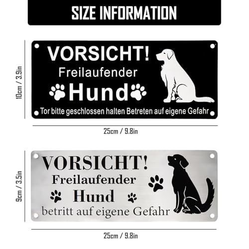 Vorsicht Hund Schild Warnschild für Freilaufenden Hund 25x9cm Selbstklebend Aluminium mit Löchern Schrauben Kabelbinder