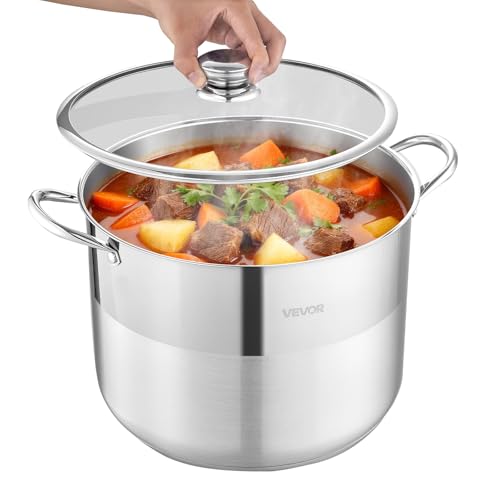 VEVOR Stainless Steel Stock Pot 16QT Stainless Steel Stockpot with Glass Lid PFOA-Free PFAS-Free Compatible with Gas Stoves Induction Cooktops Electric Stoves for Soups Stews and Pasta