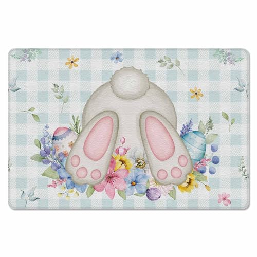 Easter Rabbits Butt Kitchen Bath Door Mat Cushioned Runner Rug,Washable Welcome Floor Sink Antifatigue Mat,Waterproof & Non-Slip Comfort Standing Doormat,Botanical Spring Summer Herb Plaid 24