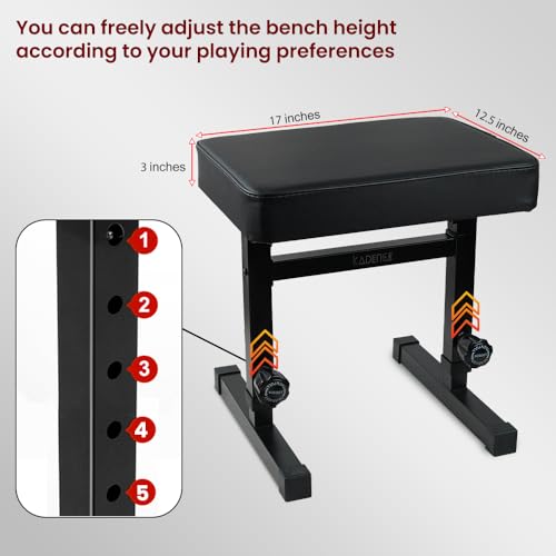 Image of Kadence NK603 Jamming Series Adjustable Keyboard & Piano Bench | Heavy-Duty Metal Frame & 5-Level Height Adjustment | High-Density Cushioned Seat | Stable Base for Practice & Performance | Black