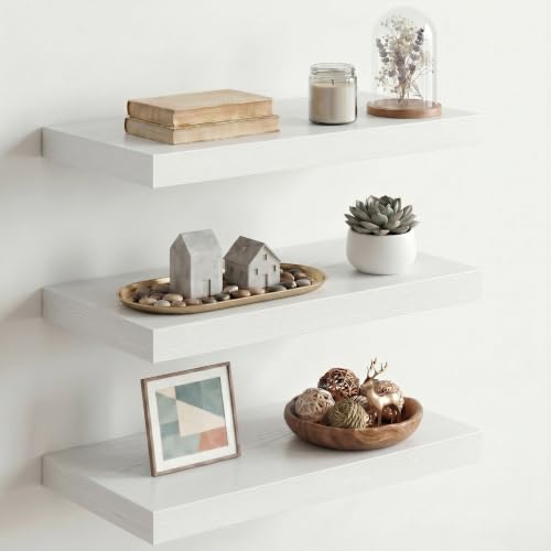 Image of Fun Memories 10 inch Deep Floating Shelves with Invisible Brackets, 20 inch Wall Shelves for Bathroom Bedroom Living Room, Modern Rustic Shelves for Home Decor, 20 inch W x 10 inch D x 1.5 inch H, Set of 3, White