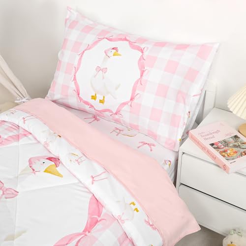 Image of Goose Toddler Bedding Set, 4 Piece Cute Pink Toddler Bed Set for Girls Boys, Soft & Cozy Baby Girl Bedding Including Comforter, Fitted Sheet, Flat Top Sheet and Envelope Pillowcase