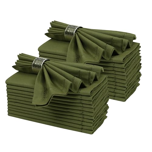 Ramanta Home Olive Green Cloth Dinner Napkin Set of 24-18x18 Inch Easter Premium Cotton Linen Flax Hemstitched Napkins for Spring Decor Wedding Kitchen | Soft Durable Washable for Everyday Use