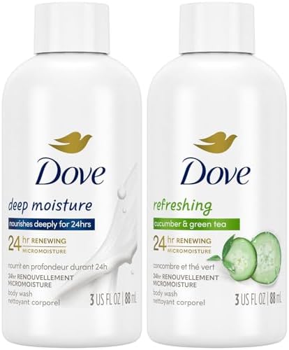 Dove Body Wash Travel Essentials Variety 2-Pack – Refreshing Cucumber & Green Tea + Deep Moisture Nourishing Body Washes, 3 Oz Ea