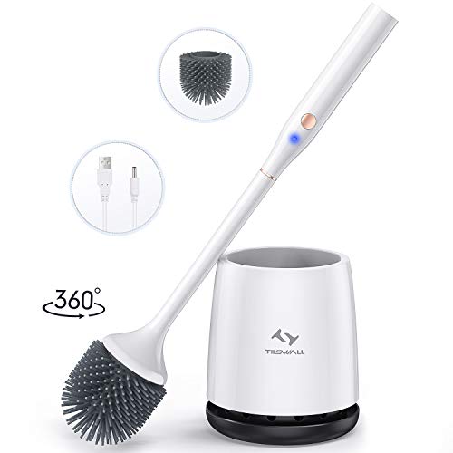 Tilswall 29W Brosse de Toilette Électrique 450Ncm 300RPM Brosse WC en TPR Souple, avec Automatique Anti-Bactérienne LED, 2 x Tête de Brosse Remplaçable, Câble de USB pour Salle de Bain, Toilette