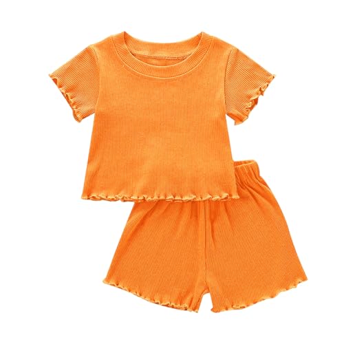Image of Toddler Girl Clothes Summer Outfit Short Sleeve Shorts Set 12M-5T | Soft ribbed knit toddler girl outfit with breathable fabric, ruffle top, comfy shorts and stretchy fit for summer daily wear.