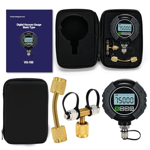 Image of Upgrade Digital Vacuum Gauge, HVAC Micron Gauge Tester, 0-75000 Microns | HVAC Vacuum Pressure Gauge, 7 /16-20 UNF, User-Set Audible Alarm Value, 1 /4 inch SAE Extension Connector and T-Type Connector