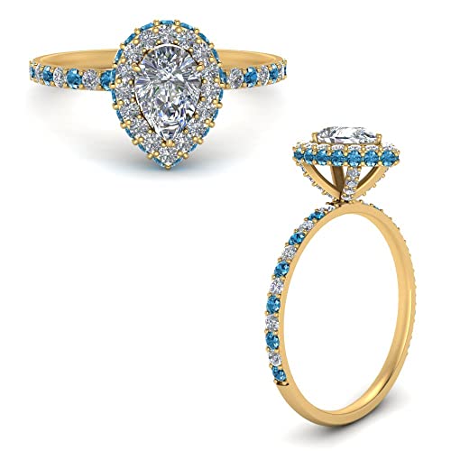 Image of Choose Your Gemstone Pave Rollover Pear Halo Engagement Ring Yellow Gold Plated Pear Shape Halo Engagement Rings Matching Jewelry Wedding Jewelry Easy to Wear Gifts US Size 4 to 12