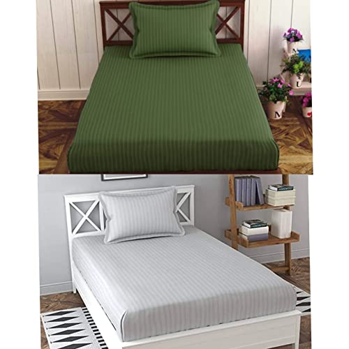 Image of Prime Collection 295 TC Combo Pack of 2 Single Sized (90x60) Satin Striped Bedsheet with 2 Pillow Cover Long Lasting Single Bedsheet for Hotel, Hospital and Home Use