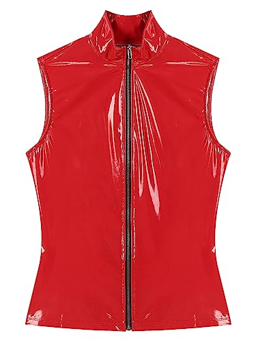 Hedmy Mens Sexy Solid Latex Patent Leather Tank Top Zipper Sleeveless Vest Jacket Waistcoat Clubwear