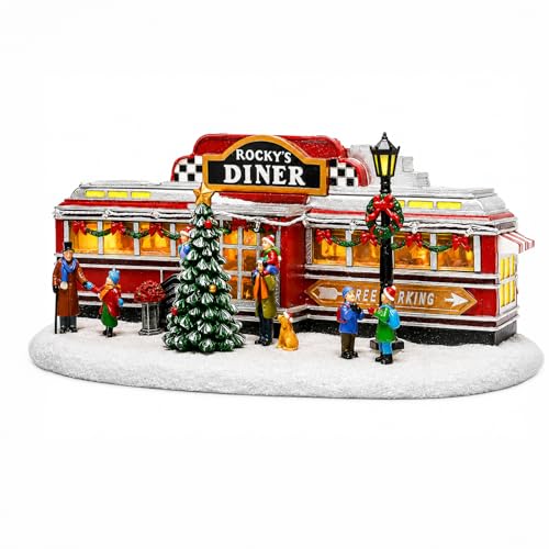 Christmas Village Building, Rocky's Diner, Retro 1950's Diner with LED Lights and Christmas Music -...