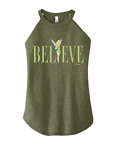Disney Tinker Bell - Believe - Juniors High Neck Tank Top - Size Large Heather Military Green