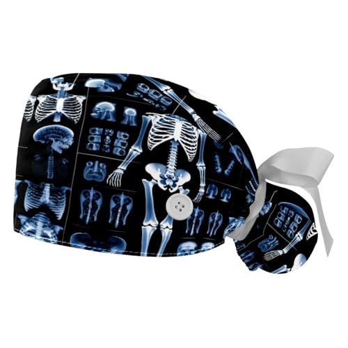 Image of 2 PCS Bouffant Cap with Button Ponytail Pouch Working Cap Sweatband Adjustable Surgical Cap Black and White Cow