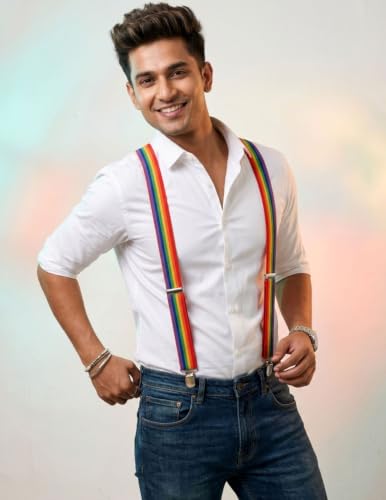 Image of BookMyCostume Rainbow Suspenders for Kids & Adults|Adjustable Elastic Y-Back Belt for Fancy Dress Costumes,Theme Parties,Dance Costume,School Functions&Stage Shows|Unisex Clip-on Suspenders Accessory
