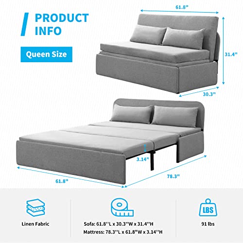 Mjkone Pull Out Sofa Bed, 2-In-1 Modern Pull Out Linen Sleeper Sofa Couch, Queen Size Revesible Couch Bed With Cushions&Throw Pillows For Small Place/Apartment/Living Room/Office/Studio(Light Gray) #TOP2