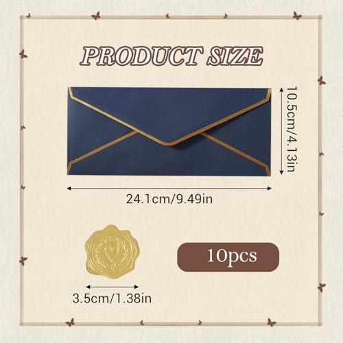 TIHNY 10 Stück Einladungskuverts mit goldenen Stickern, V-Klappen-Umschläge für Briefe, ideal für Geschäft, Karten und Feiern, Dunkelblau, 9,49 x 4,13 Zoll