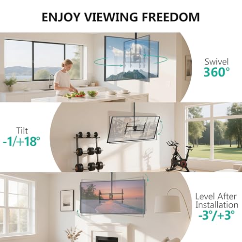 Image of WALI Ceiling TV Mount for 37-90 Inch TVs, Extra Long Arm Ceiling Mount TV Bracket, Telescoping Height Adjustable Hanging Pole TVs Ceiling Mount, Holds 220 lbs, Max VESA 800x400mm (CM3790XL), Black