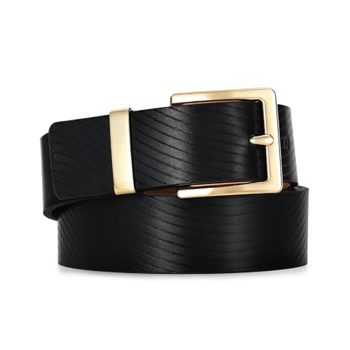 RISANTRY Women's Black Belt Gold Rectangle Buckle Synthetic Leather with Striped Detail Fashion Ladies' Belt for Casual & Formal Outfits