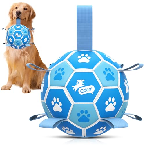 Image of QDAN Dog Soccer Balls Toys : Premium Dog Soccer Ball with Straps, Outdoor Dog Toys, Pet Training Soccer for Medium Large (7 Inch)