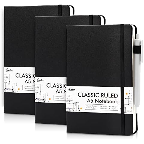 feela A5 Notebooks Hardback, Notepads A5 Ruled Lined (120 GSM), Journal Notebook Multipack with 3 Black Gel Pens for Business Work, Journaling, Note Taking, 3 Pack Per 128 Pages, 21 x 13 cm, Black Cover