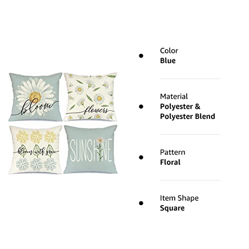 Spring Summer Pillow Covers 18X18 Set Of 4 Farmhouse Summer Spring Decor Daisy Bloom Floral Blue Spring Pillows Decorative Throw Pillows Spring Decorations A547-18 #TOP5