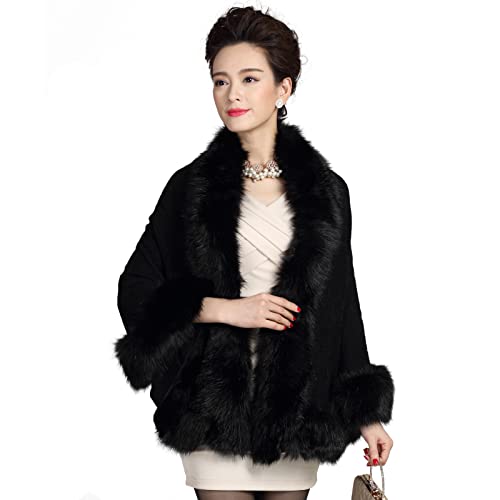 Elfjoy Luxury Bridal Faux Fur Cashmere Wool Shawl Cloak Cape Wedding Dress Party Coat For Winter (Black) #TOP6