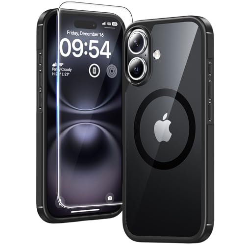 Image of TAURI for iPhone 16 Case, Compatible with MagSafe, Black | with Screen Protector, Not-Yellowing Military-Grade Protection, Shockproof Slim Magnetic Case for iPhone 16