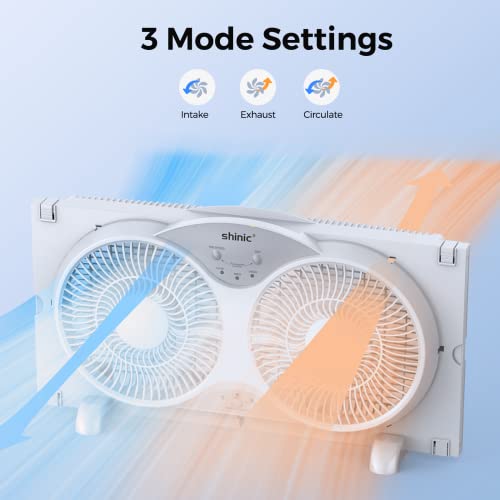 shinic Window Fan with Reversible Airflow Quiet, Twin 9" Blades, Full Remote Control, 3 Functions-3 Speeds, Bathroom Kitchen Window Exhaust Fan, Width Adjustable (From 24" to 37") ETL Certified