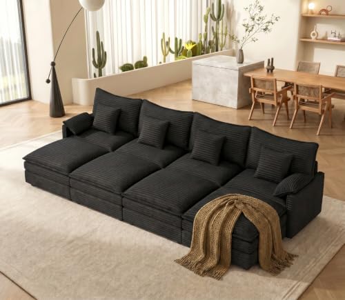 Image of Vesgantti 142 inch Oversized Sectional Sofa Bed, 8-Seater Modular Sleeper Cloud Couch with Movable Ottoman, Corduroy Convertible Sofa Set Deep Seat Couches for Living Room, Bedroom and Apartment, Black