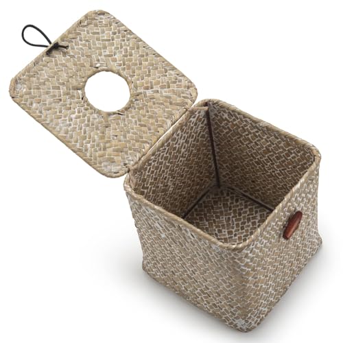 Seagrass Square Tissue Box Cover Woven Napkin Holder Decorative for Bathroom Farmhouse (Whitewash, 14 x 14 x 14 cm)